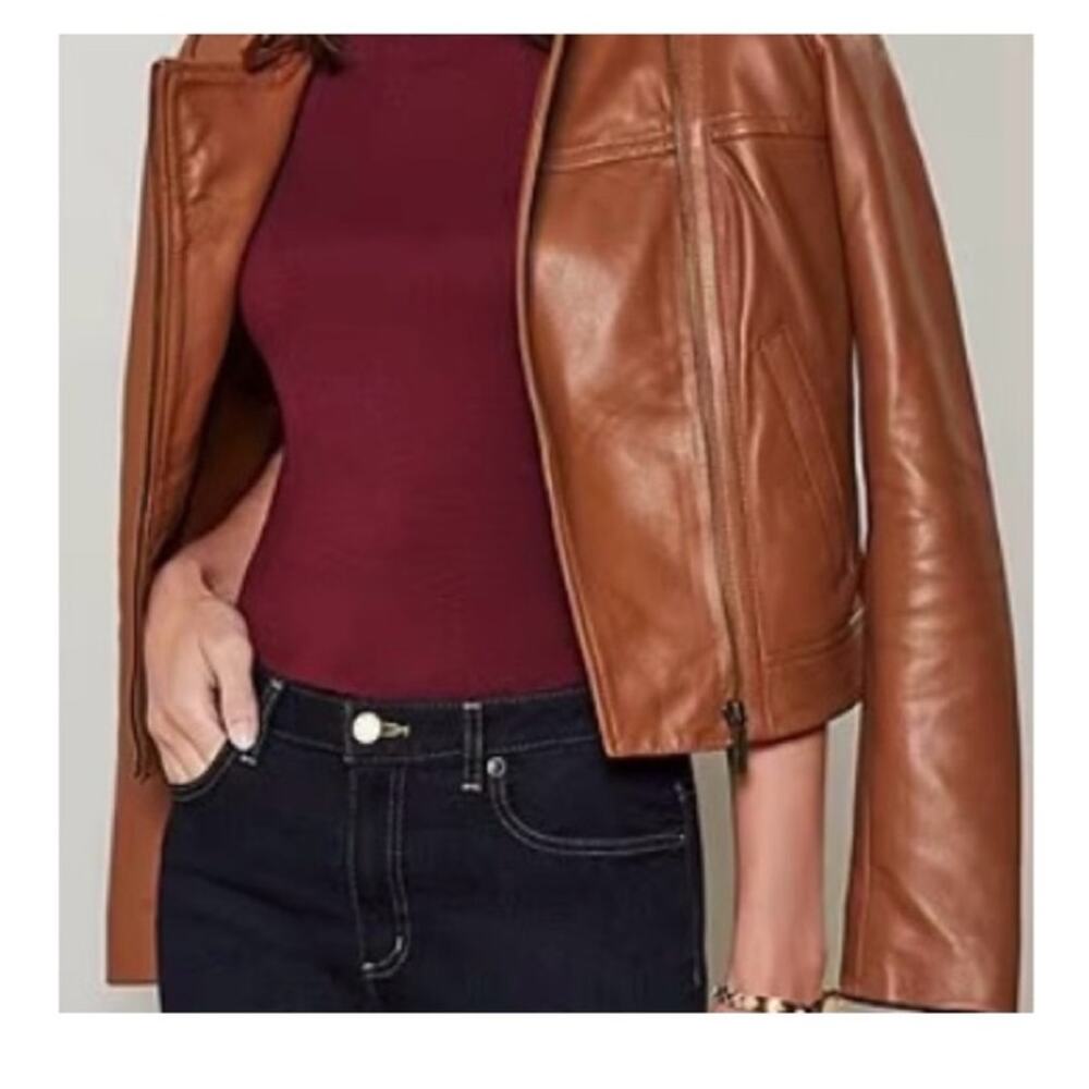 Michael Kors Carmel Brown Moto  100 % leather jacket medium small - Picture 7 of 15